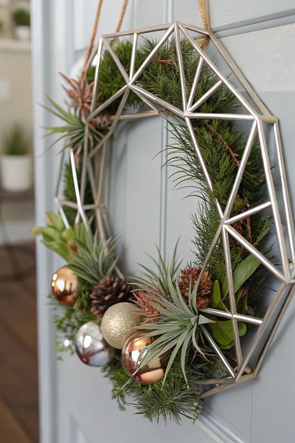 A modern geometric garland with metallic accents and ethereal flora.