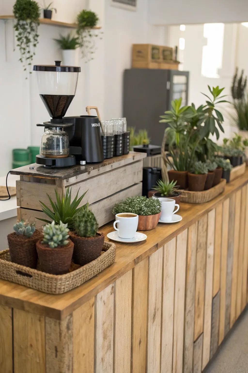 The coffee station is made more pleasant by the addition of greenery.