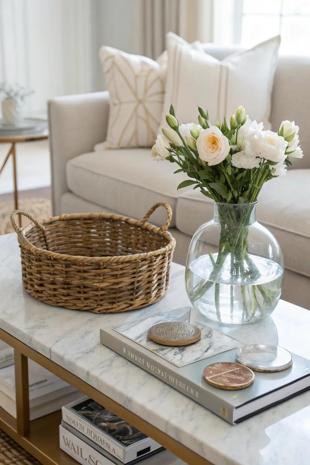 Layering textures creates a rich and inviting coffee table display.