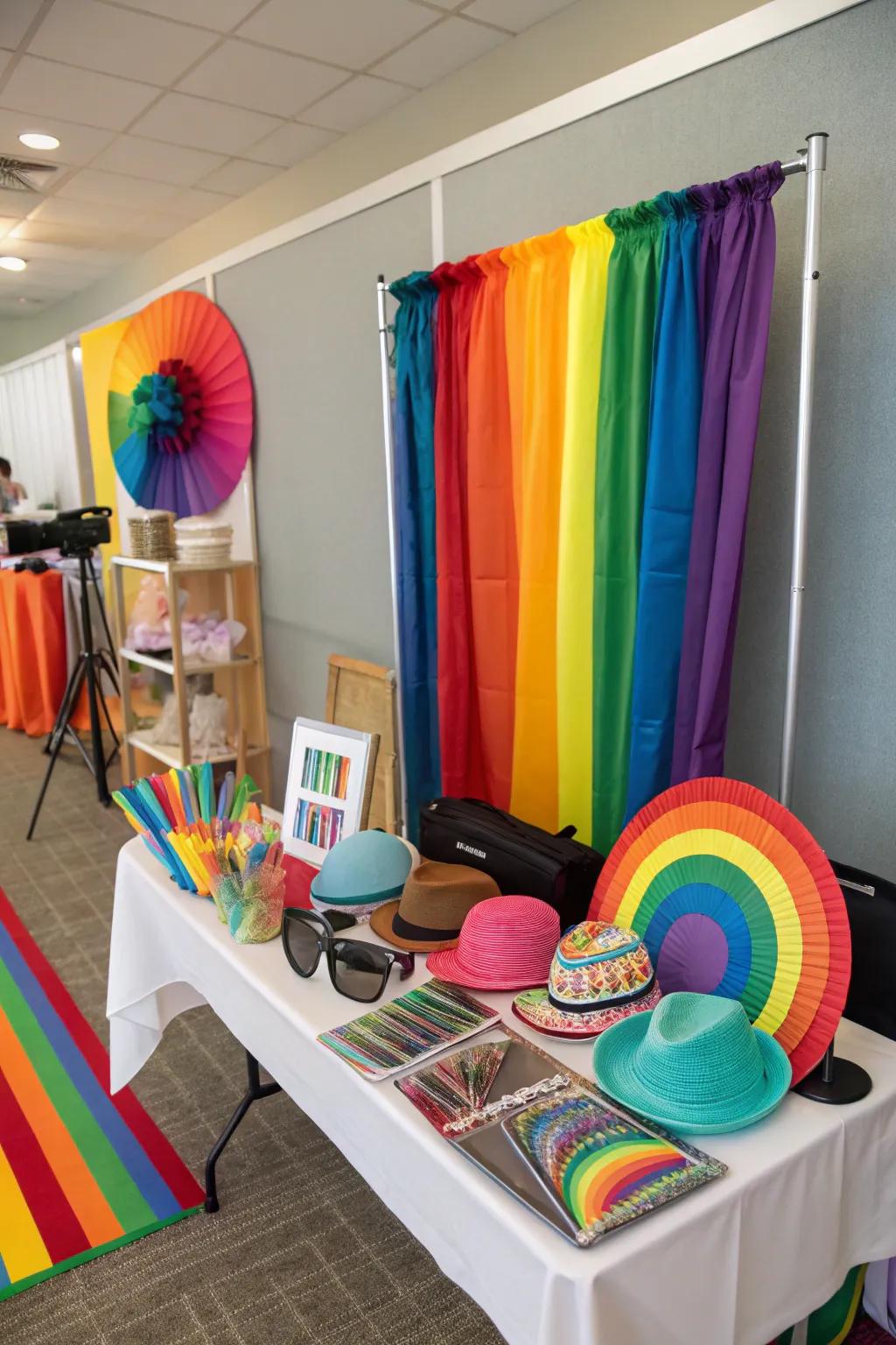 A playful rainbow photo booth setup.