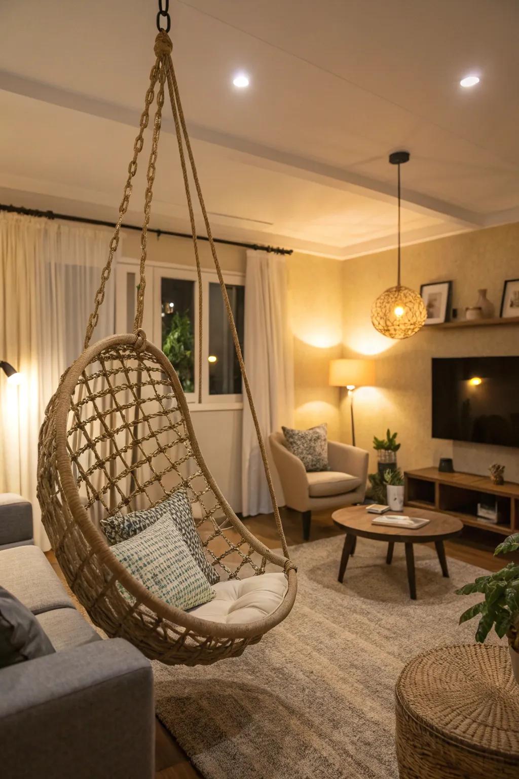 A hanging chair adds a whimsical touch to this stylish living room.