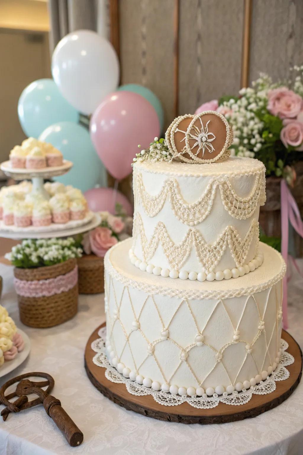 Rope and lace accents bring a rustic charm to this elegant cowgirl cake.