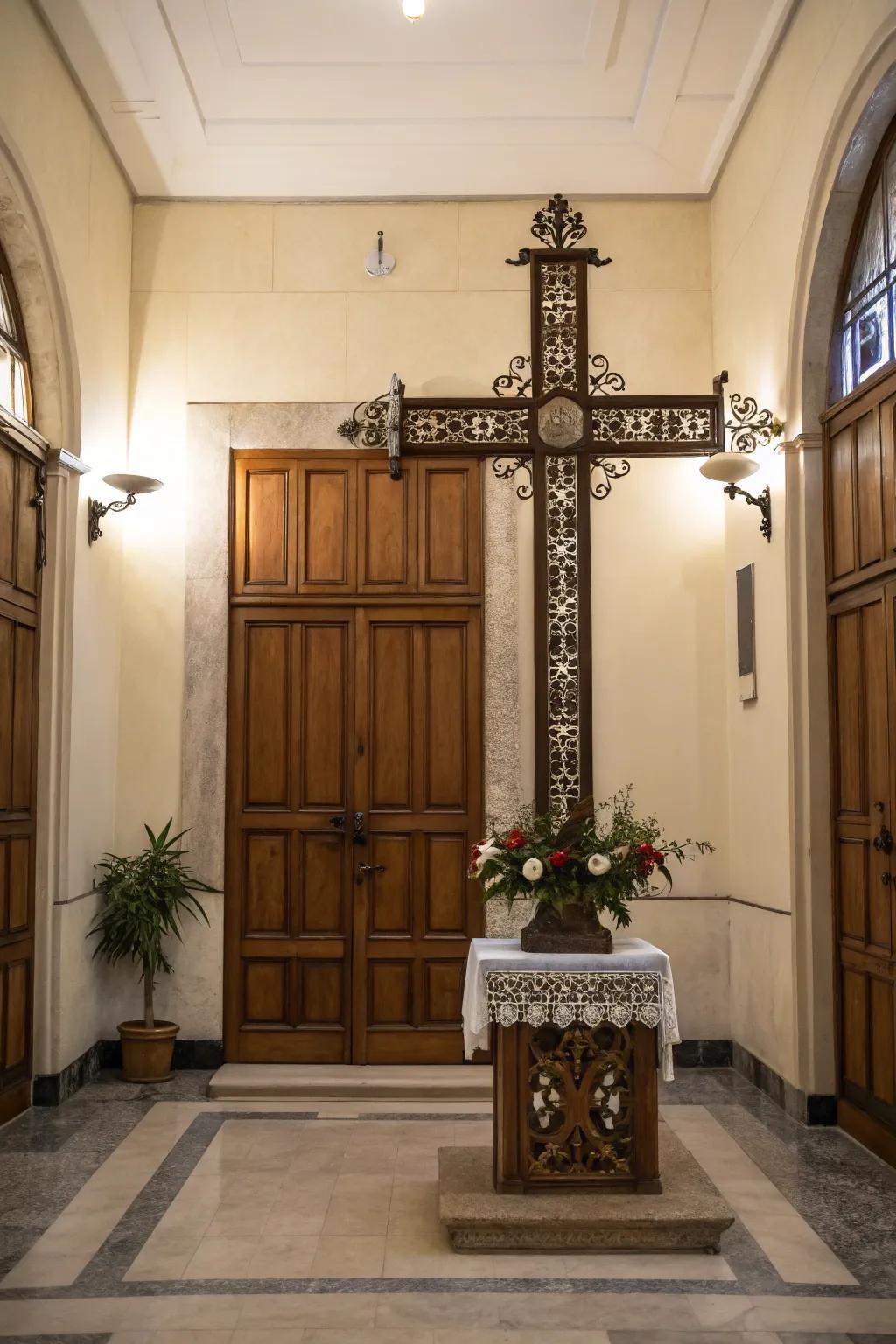 A stand-alone ornamental cross in an entryway.