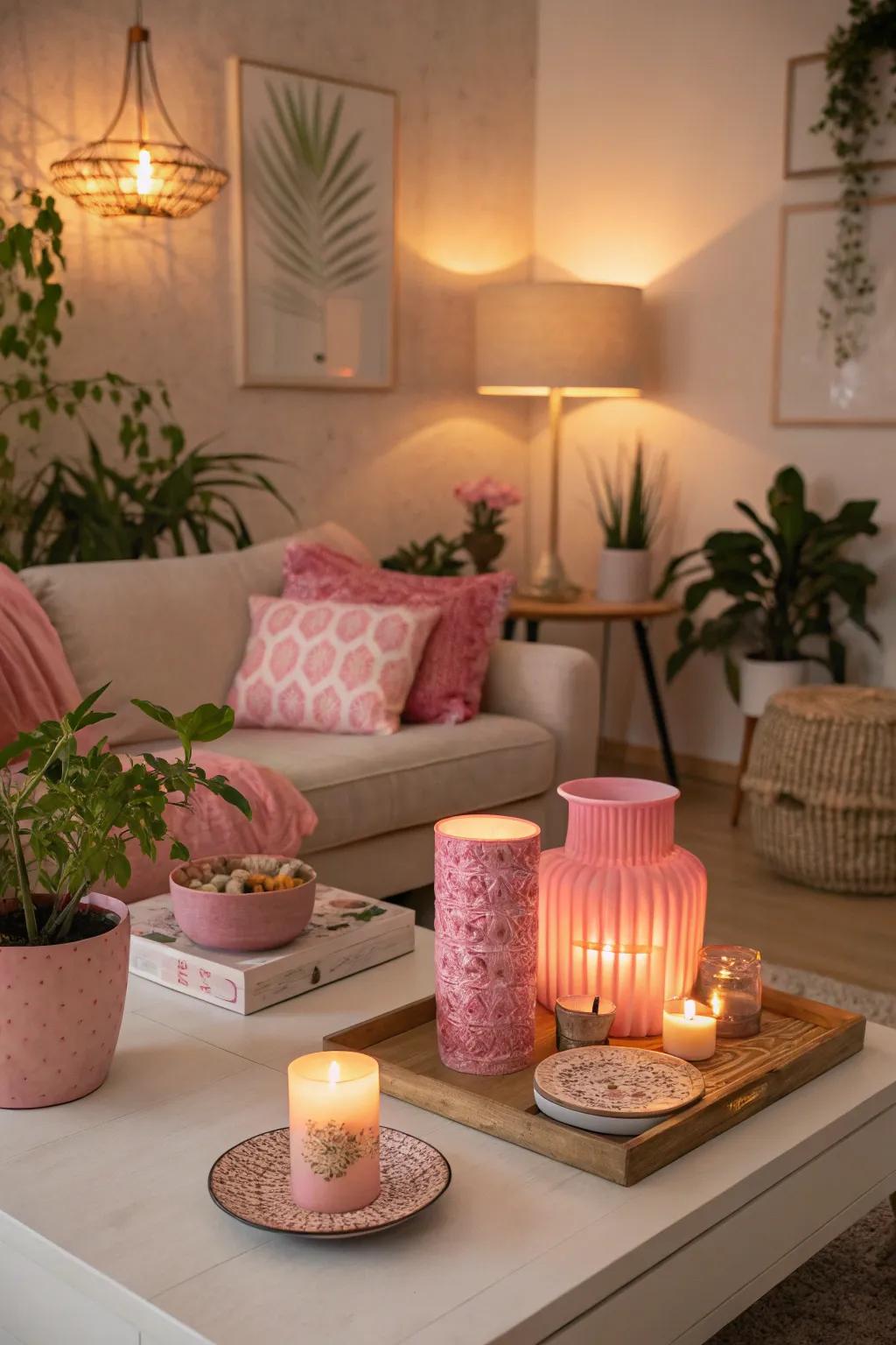 Pink-toned ambient lighting creates a cozy atmosphere.