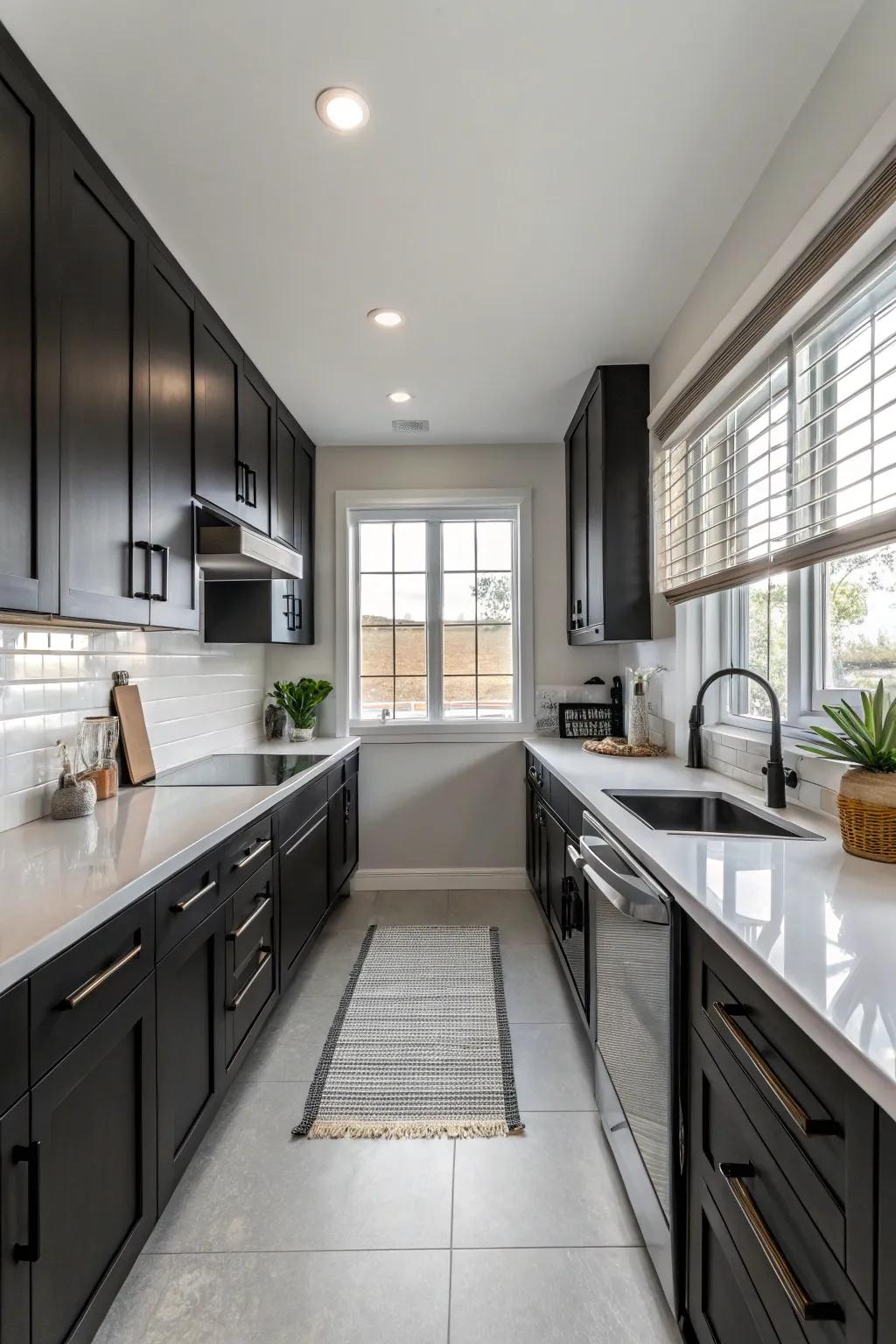 Minimalist design highlights the elegance of dark kitchen cabinets.