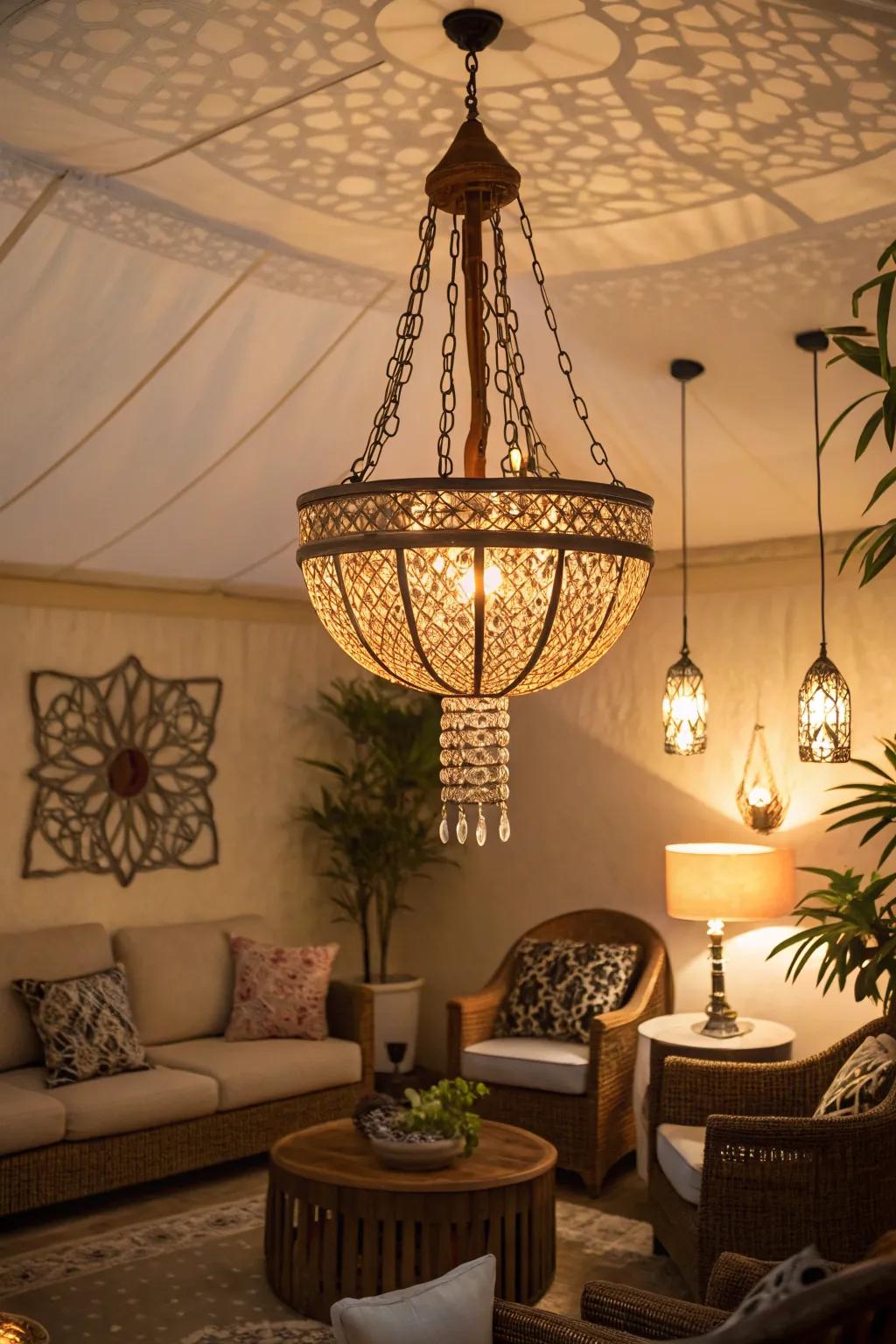 Ornamental lighting establishes a warm mood.