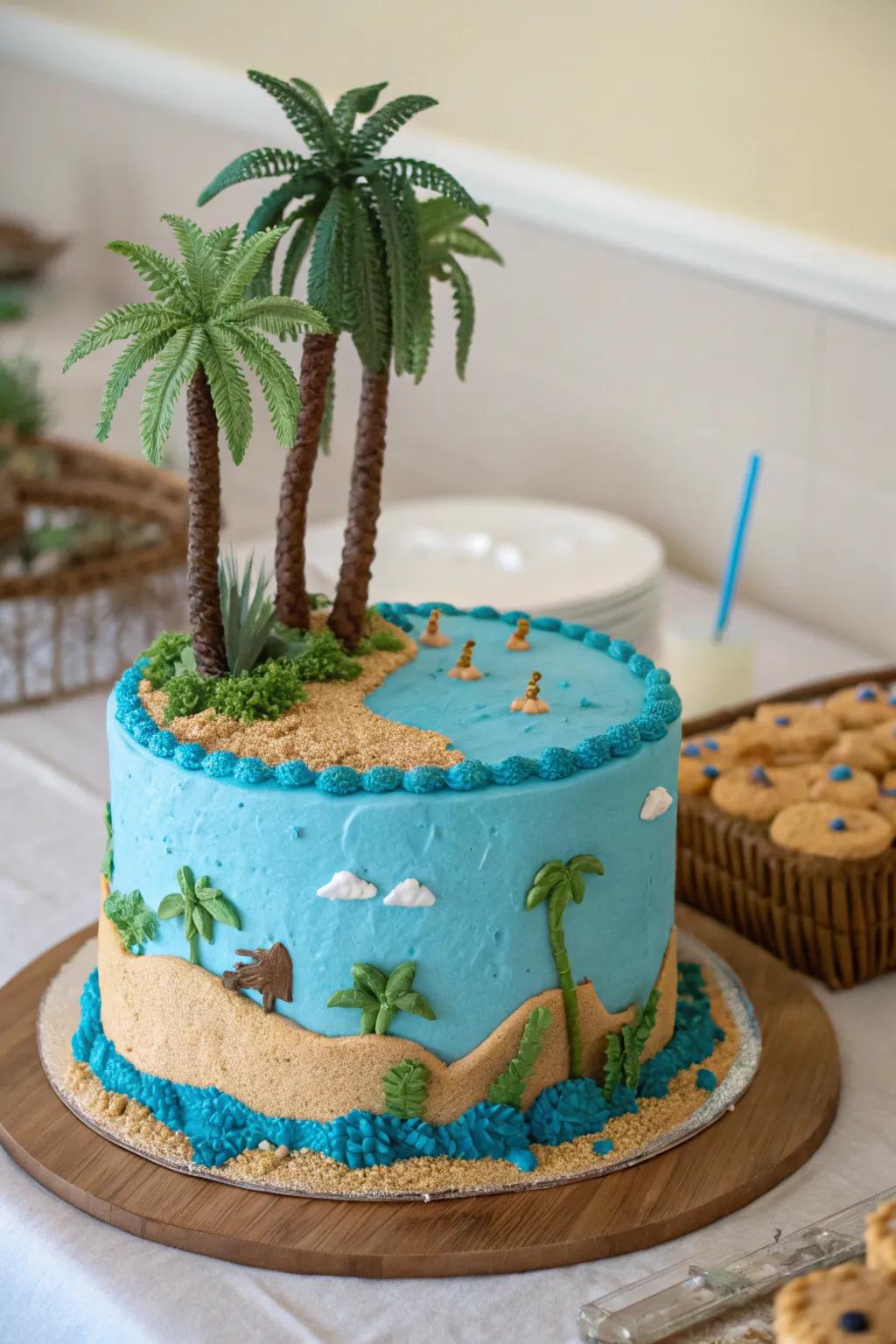 Cake decorated with a desert oasis theme, including blue icing and edible palm trees.