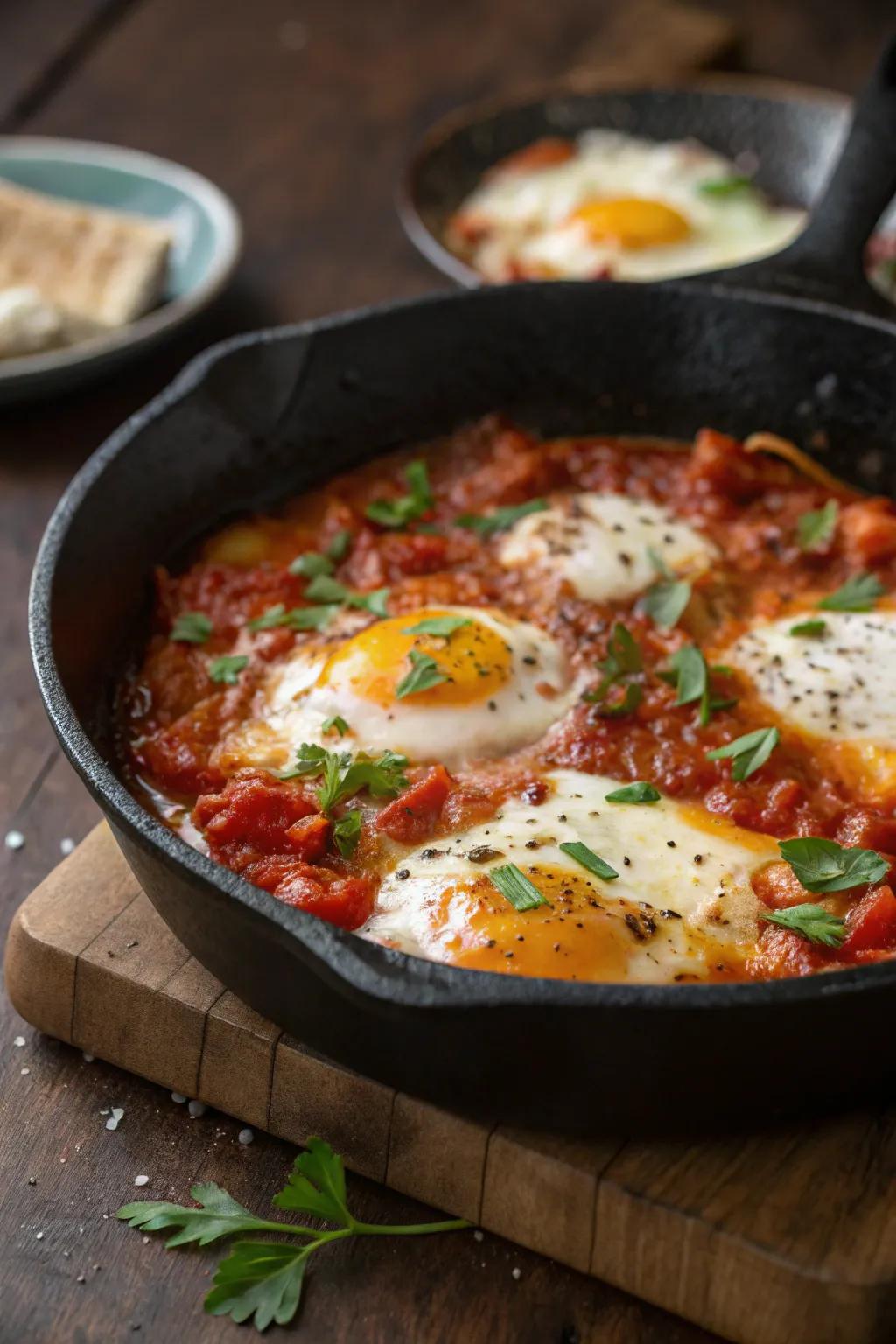 Shakshuka with poached eggs, perfect with crusty bread.