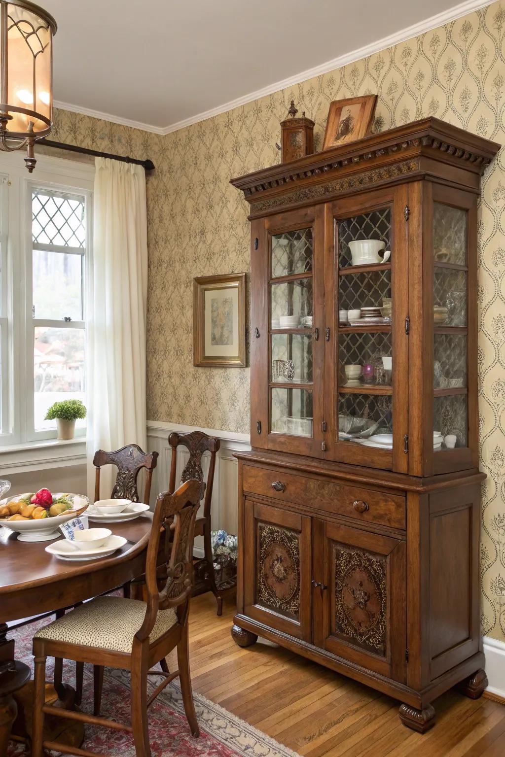 An antique cabinet repurposed for dog food storage adds charm and functionality.