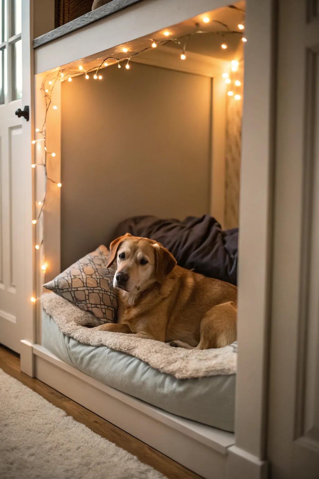 A snug corner transformed into a comfortable canine nook with gentle bedding.