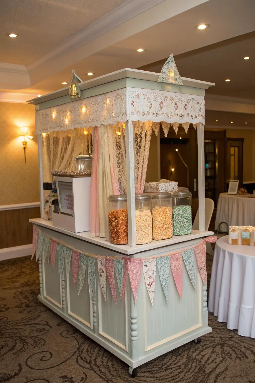 A neatly arranged popcorn station, attracting guests with its stylish and user-friendly design.