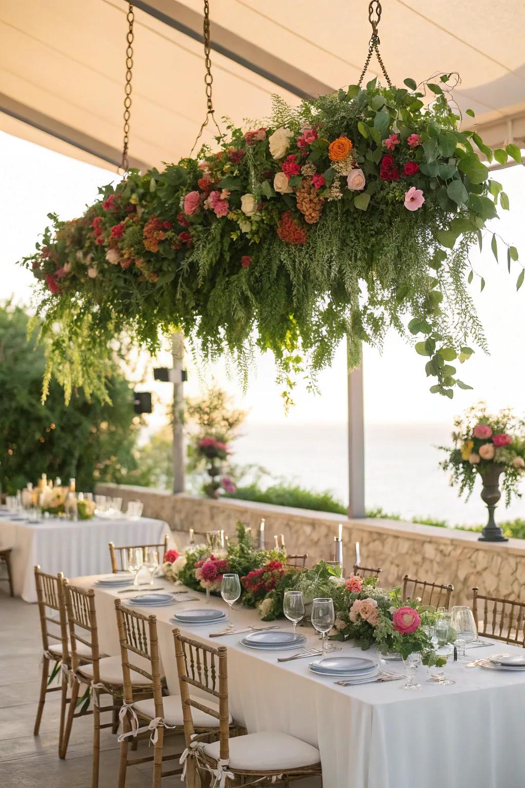 Overhead floral installations create an unforgettable impression.