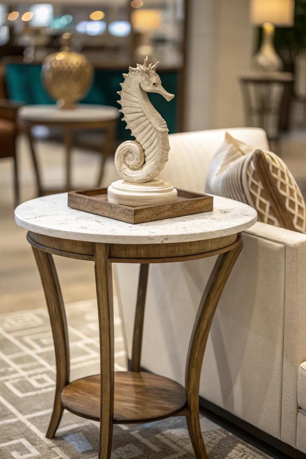 A sculptural accent adds an artistic touch to an end table.