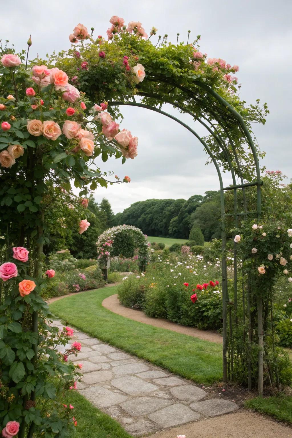 Climbing roses adding vertical interest and romance.