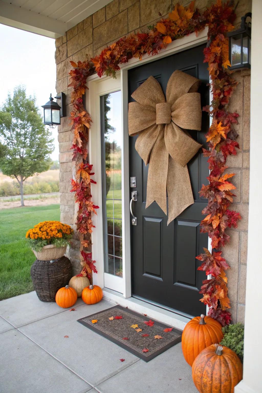 Textile ribbons impart a country feel to an autumn-decorated door.