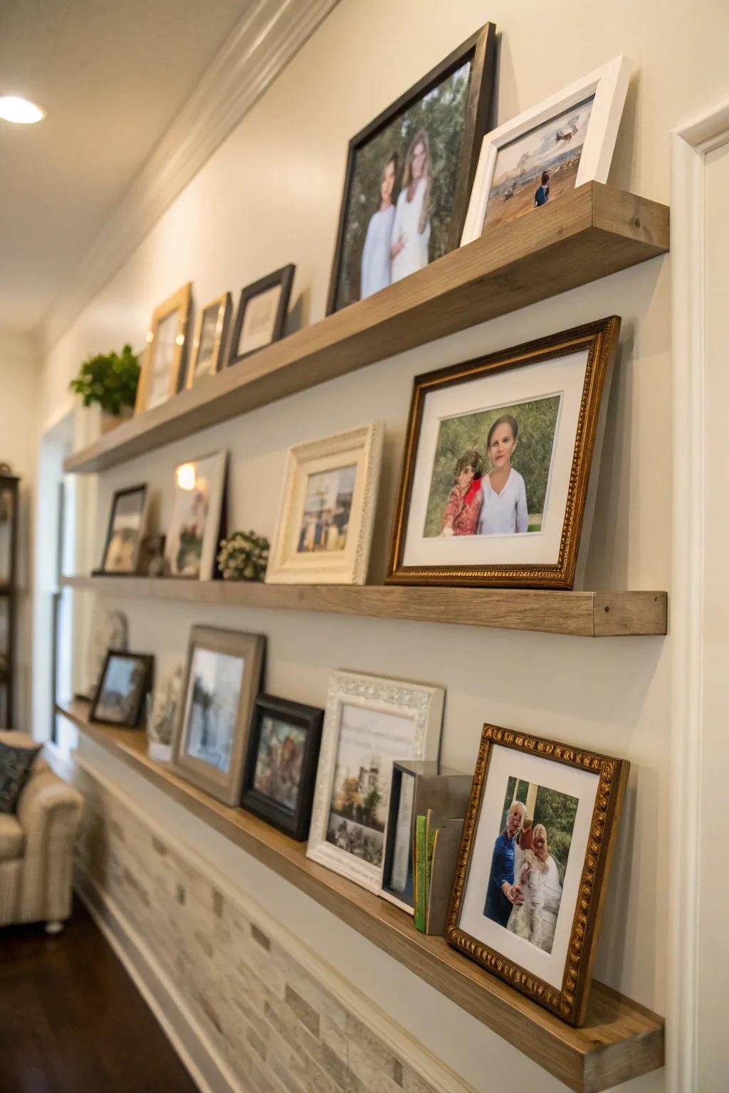 Floating shelves offer a versatile and dynamic way to display family photos.