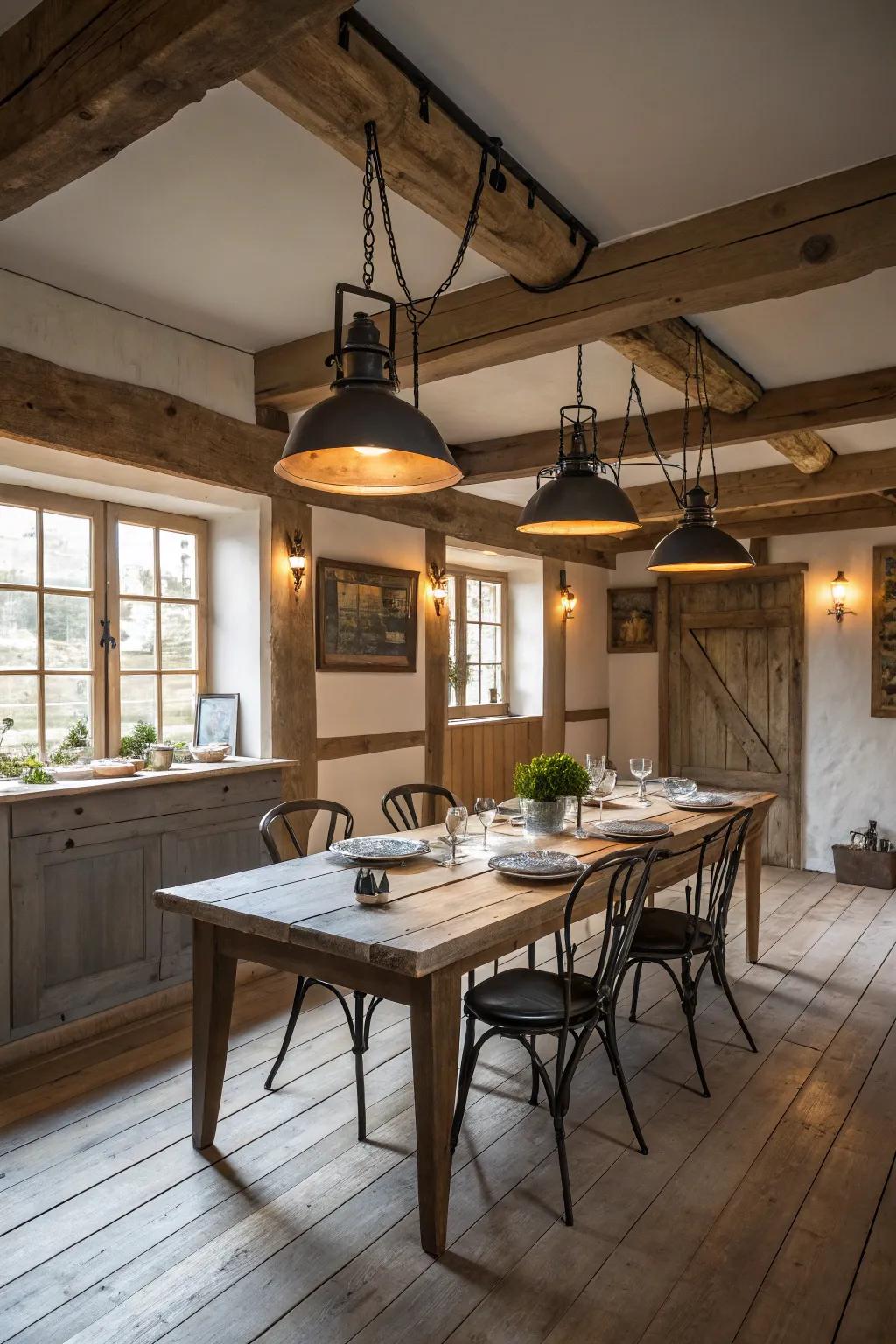 Rustic pendant lights illuminate and define this farmhouse dining room.