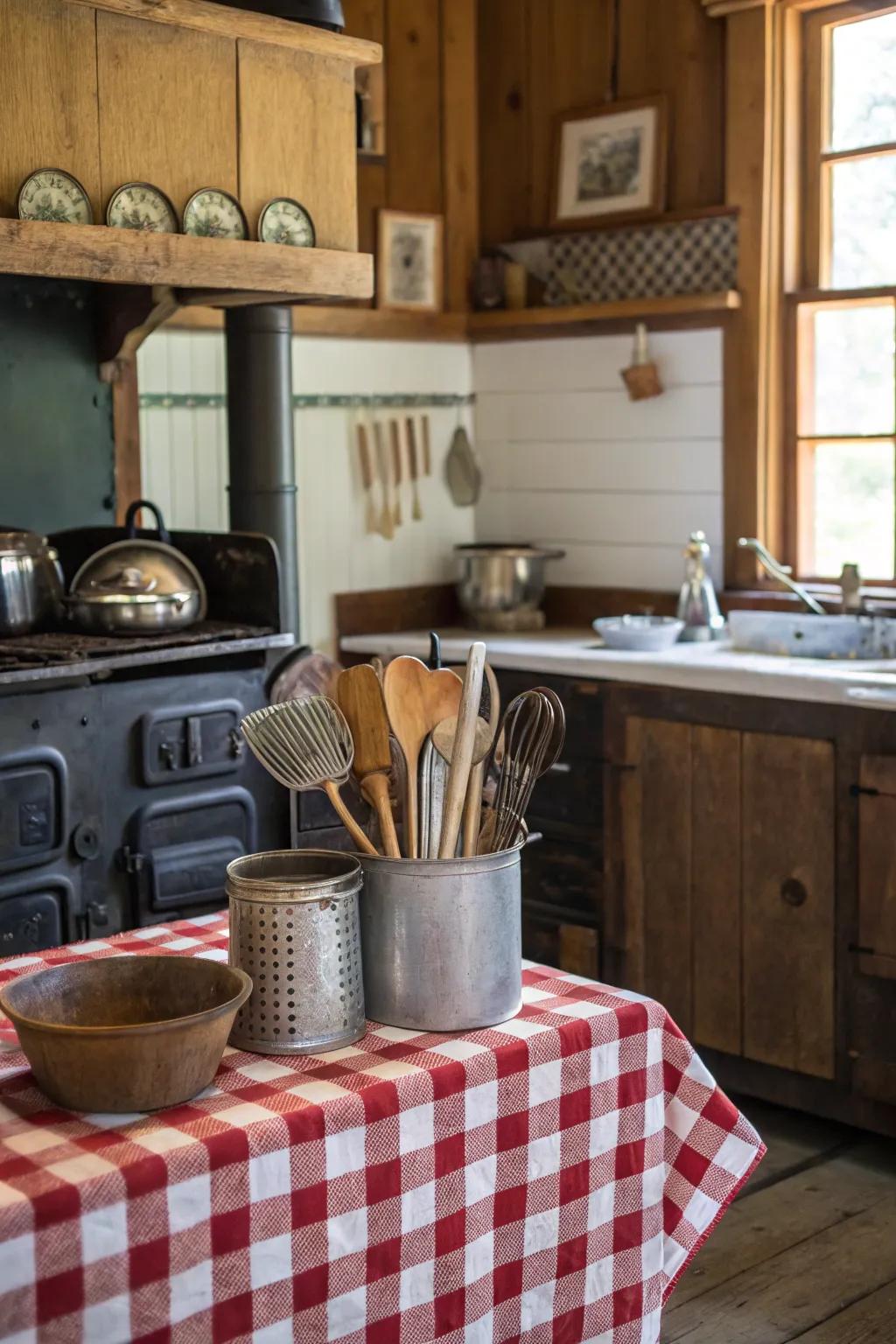 Vintage utensils adding a historical touch to a farmhouse kitchen.
