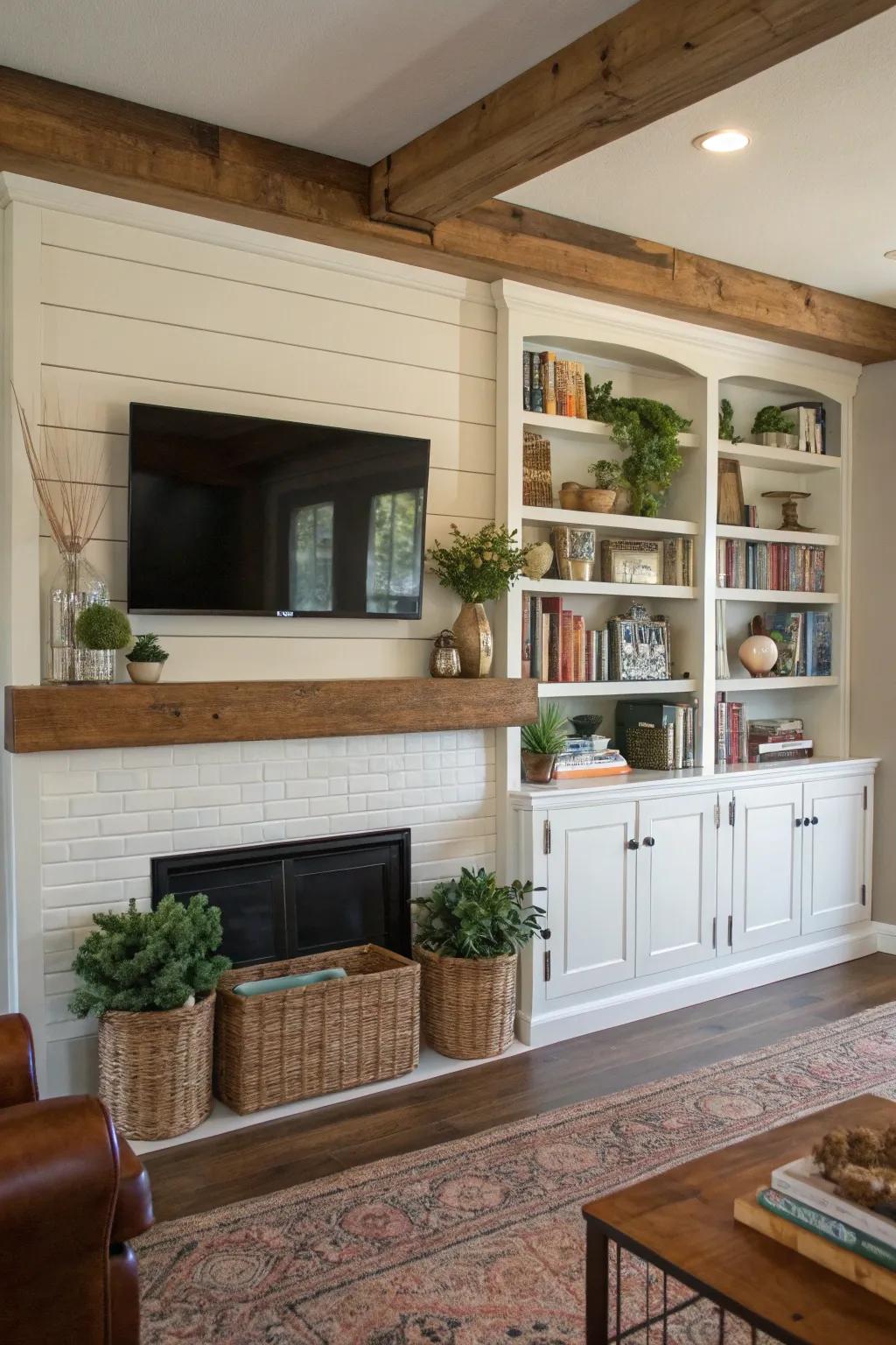 A farmhouse living room with a TV above the mantel, complemented by integrated shelves.