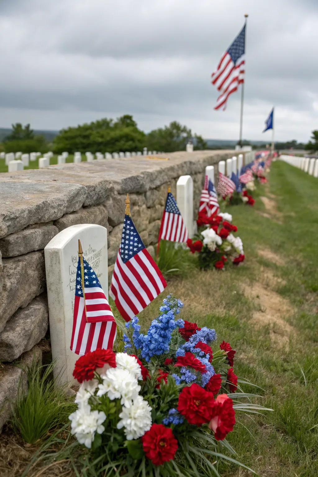 Patriotic tribute with flags and themed floral arrangements.