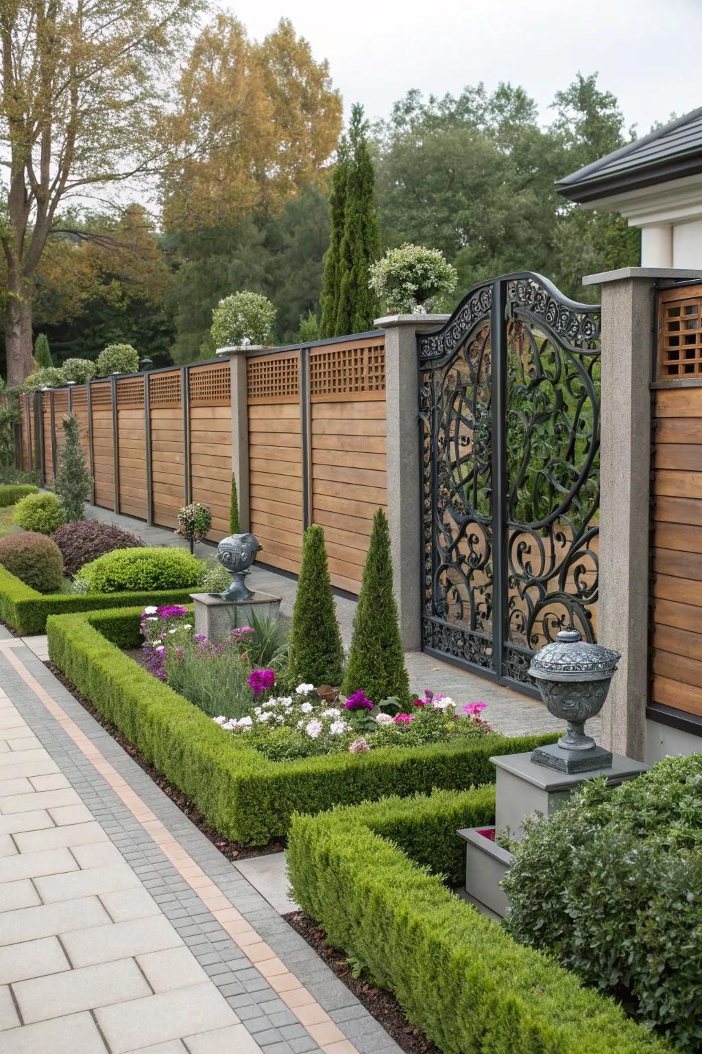 Combine wood and metal for a stylish, durable fence.