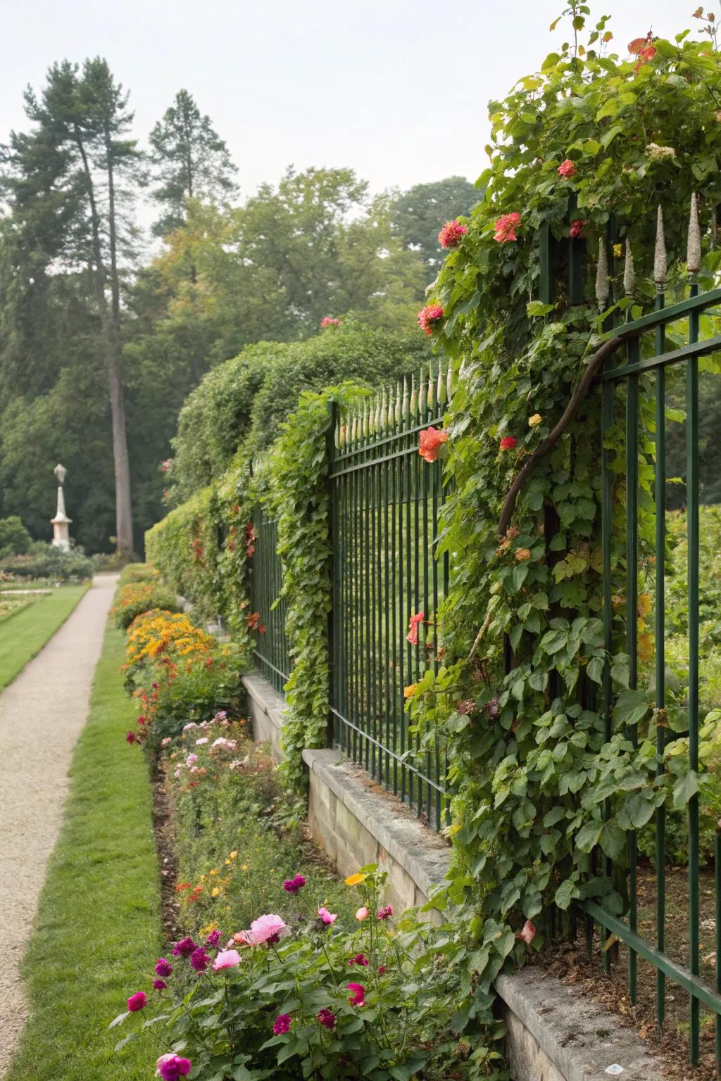 Climbing plants morph a simple barrier into a stunning green backdrop.