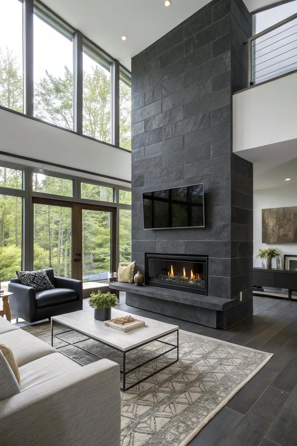 Dark slate tiles add drama and modernity to this sleek fireplace.