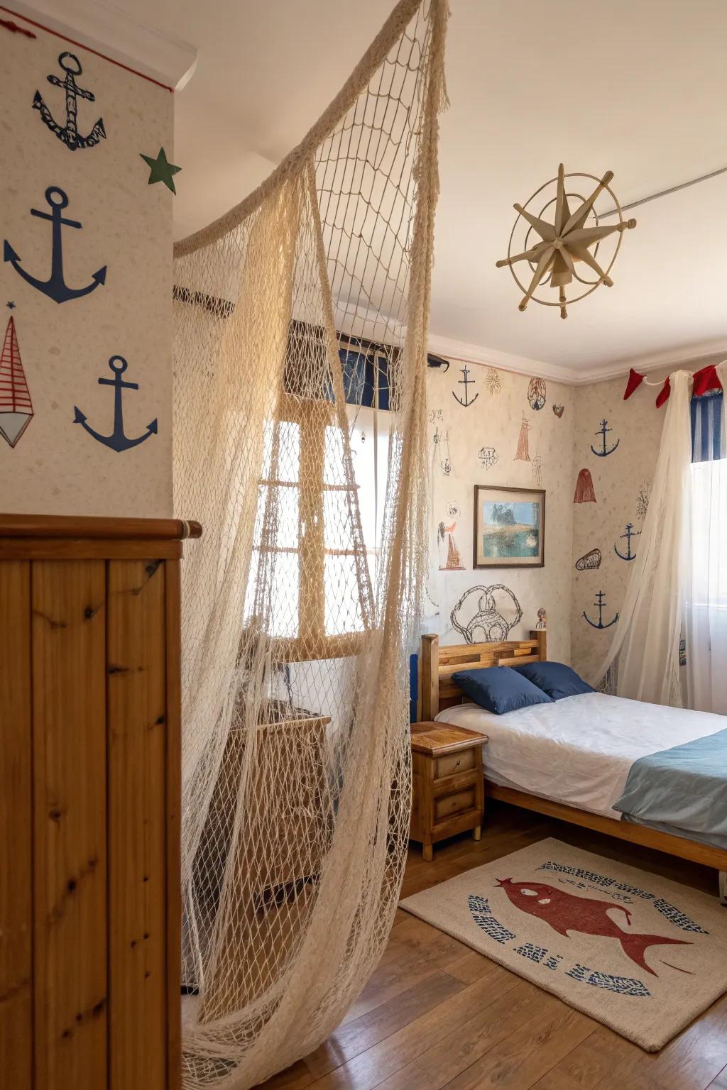 Fishing nets used as curtains provide a distinctive texture and nautical feel.