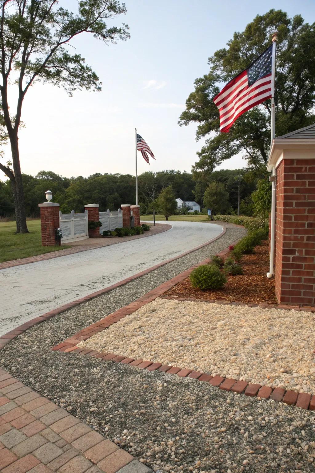A rear lot access highlights a captivating fusion of brick and gravel textures.