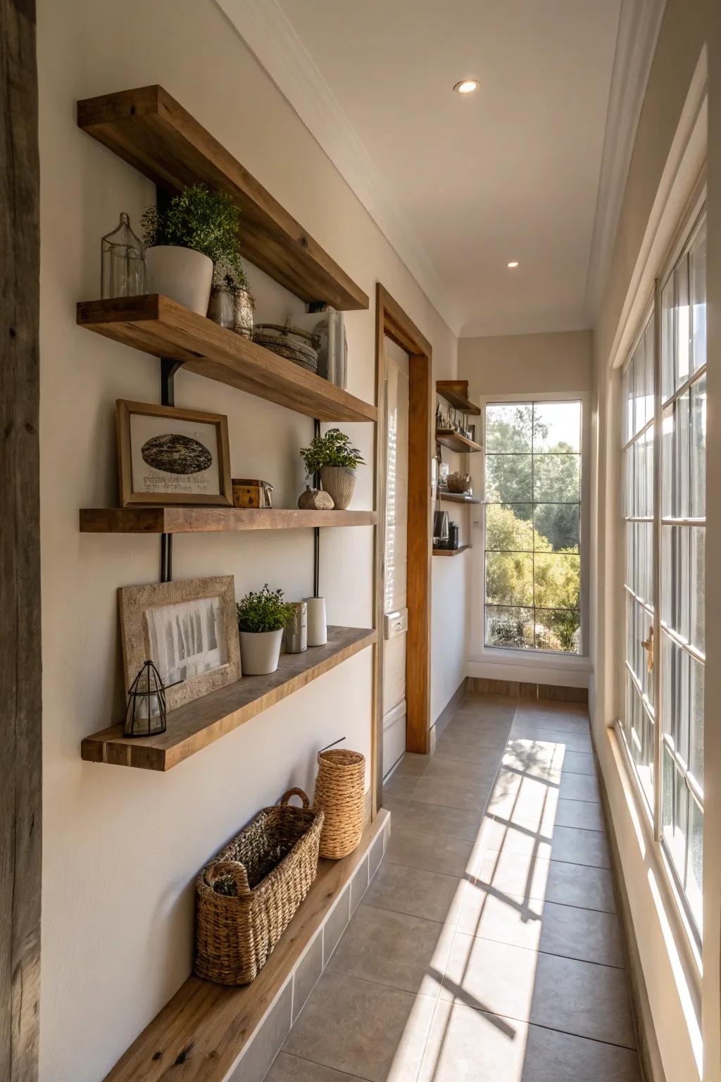 Enhance your hallway with the glow of natural light on floating shelves.