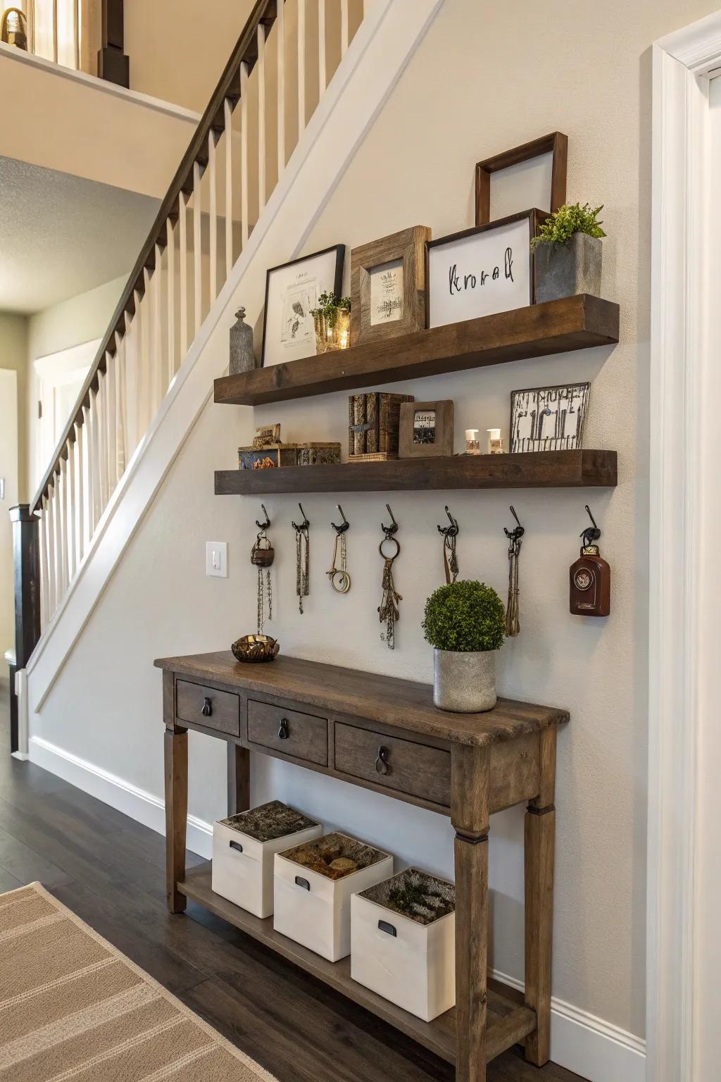 Entryway organization using floating shelves for essentials.