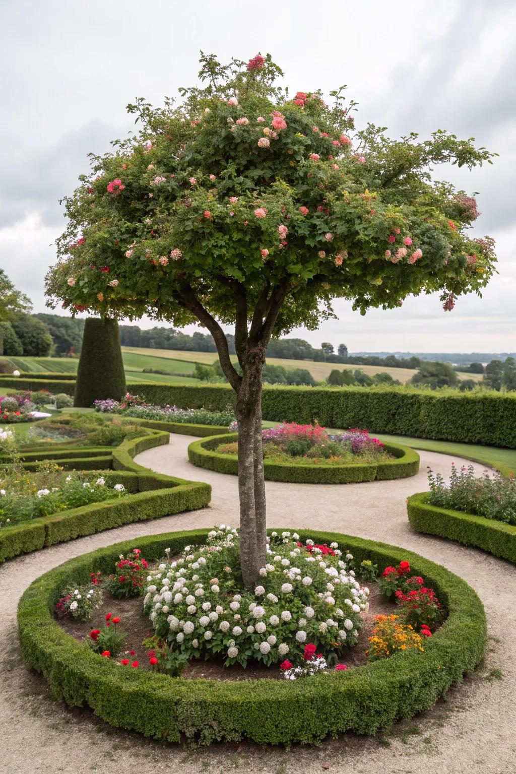 A circular flower bed enriches the innate loveliness of this tree.