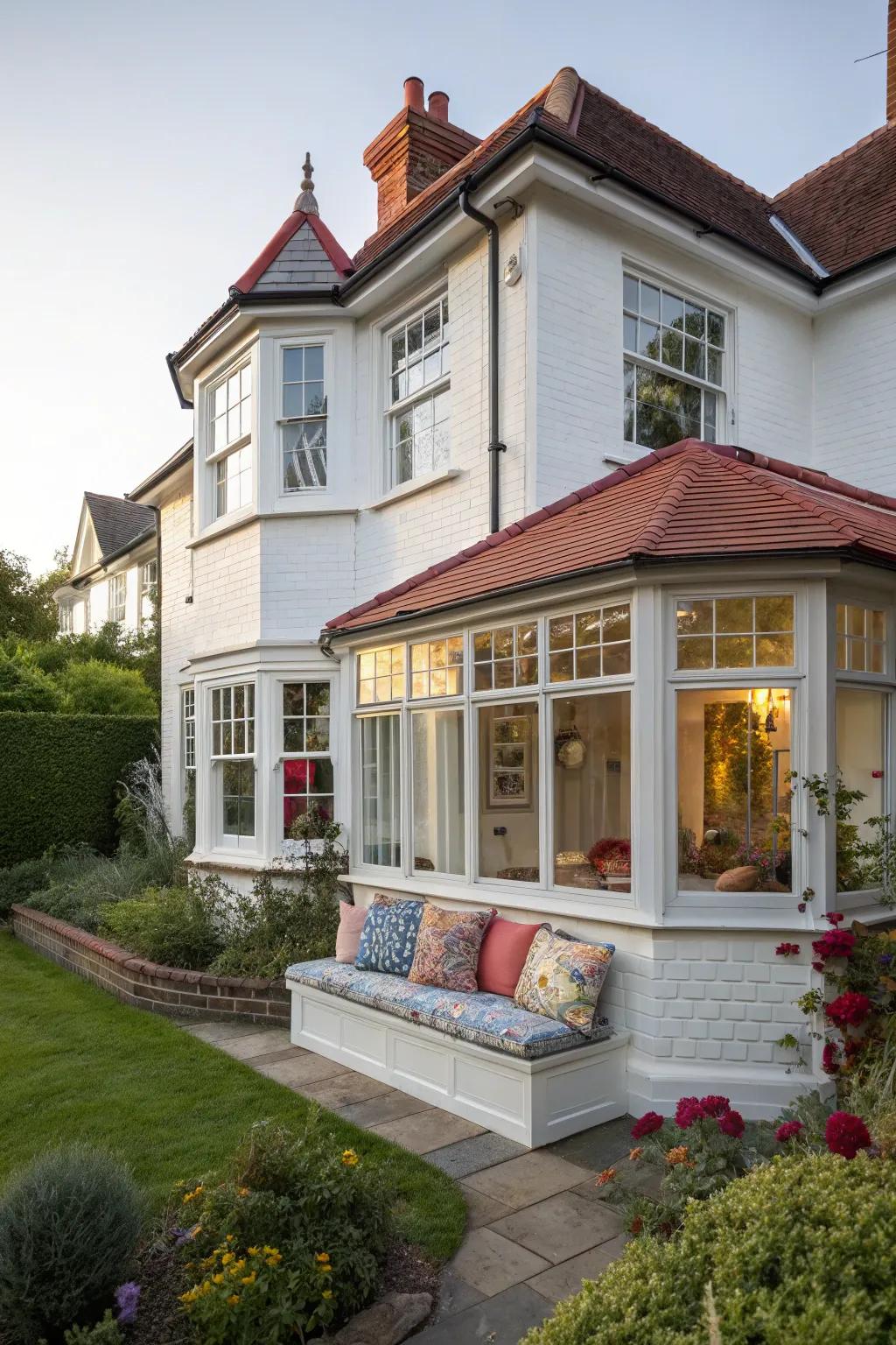 An expansive bow window contributes charm and utility to this residence.