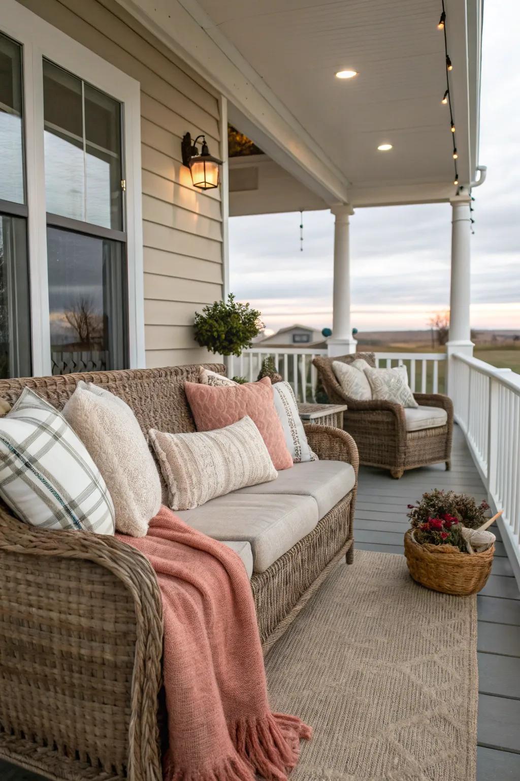 Cozy textiles make your porch a perfect winter retreat.