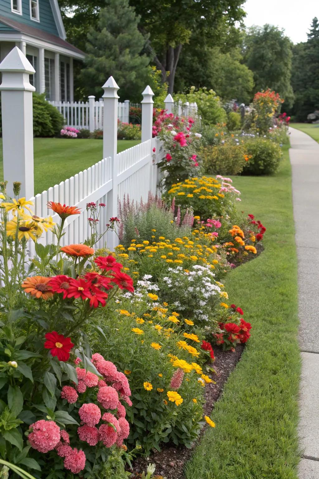 A vibrant display of seasonal blooms in a corner garden.