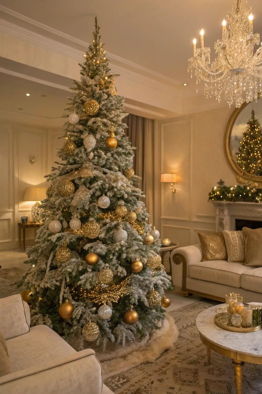 Gold and glitter bring a glamorous flair to this frosted Christmas tree.