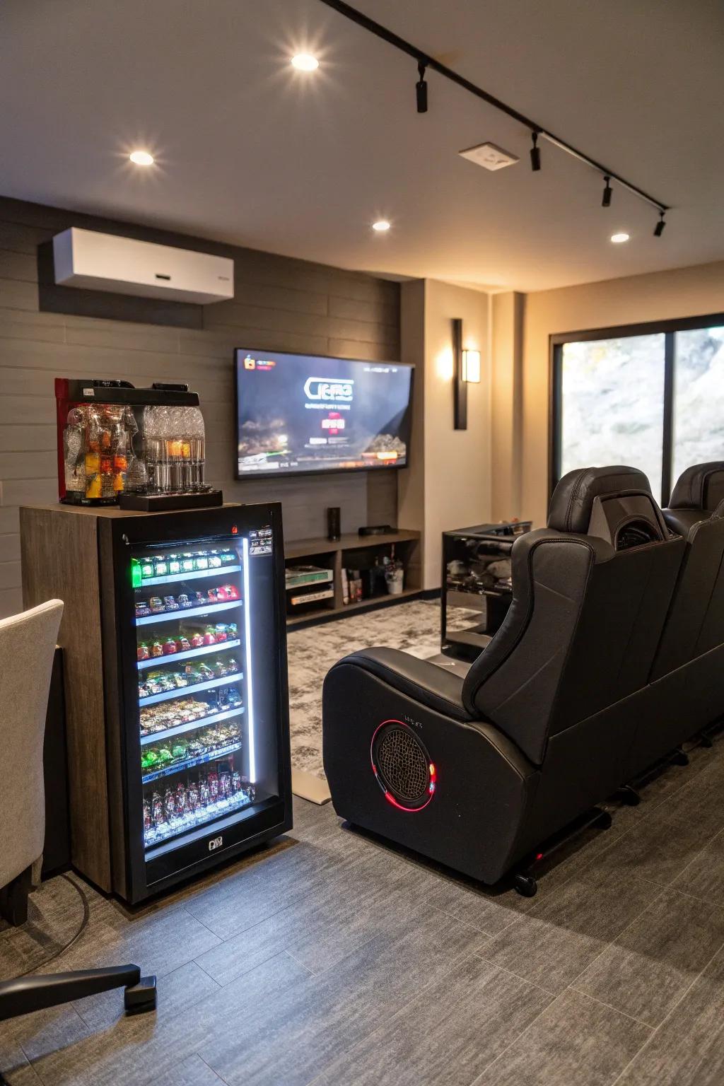 A mini fridge adds convenience to the ultimate gaming lounge setup.