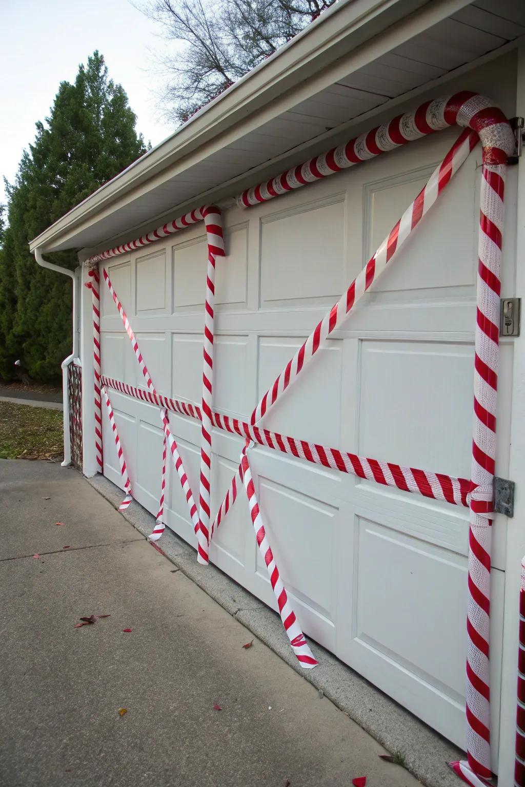 Garage door decorated with candy cane stripes and a wreath.