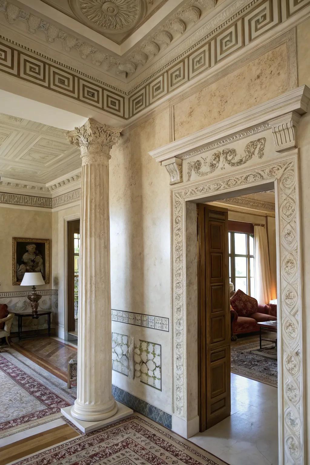 Stone and plaster textures add depth to Greek decor.