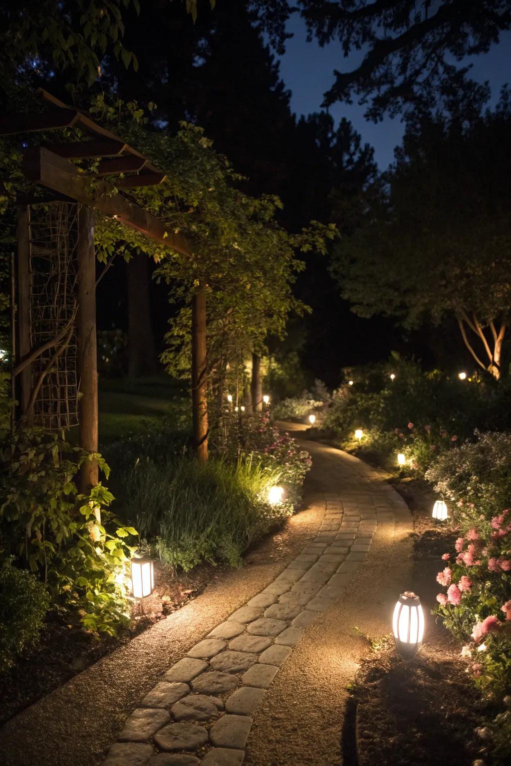 Subtle garden lighting, enhancing evening enjoyment and safety.