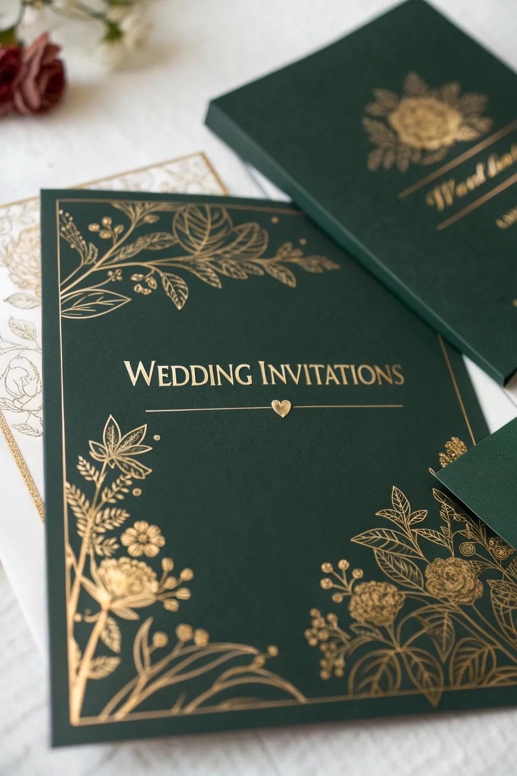 Luxurious green invitations with gold foil accents.