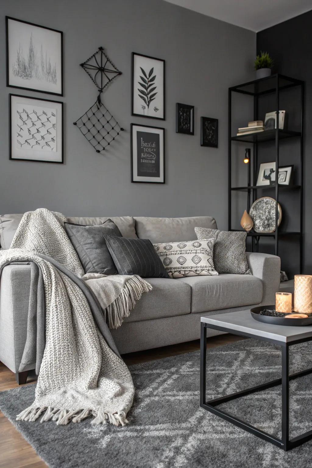 A chic monochrome living room featuring a grey couch.