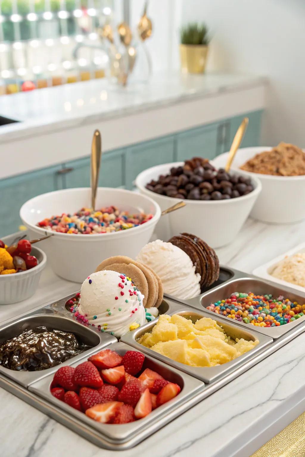 A delightful ice cream sundae bar offering half scoops and a variety of toppings.