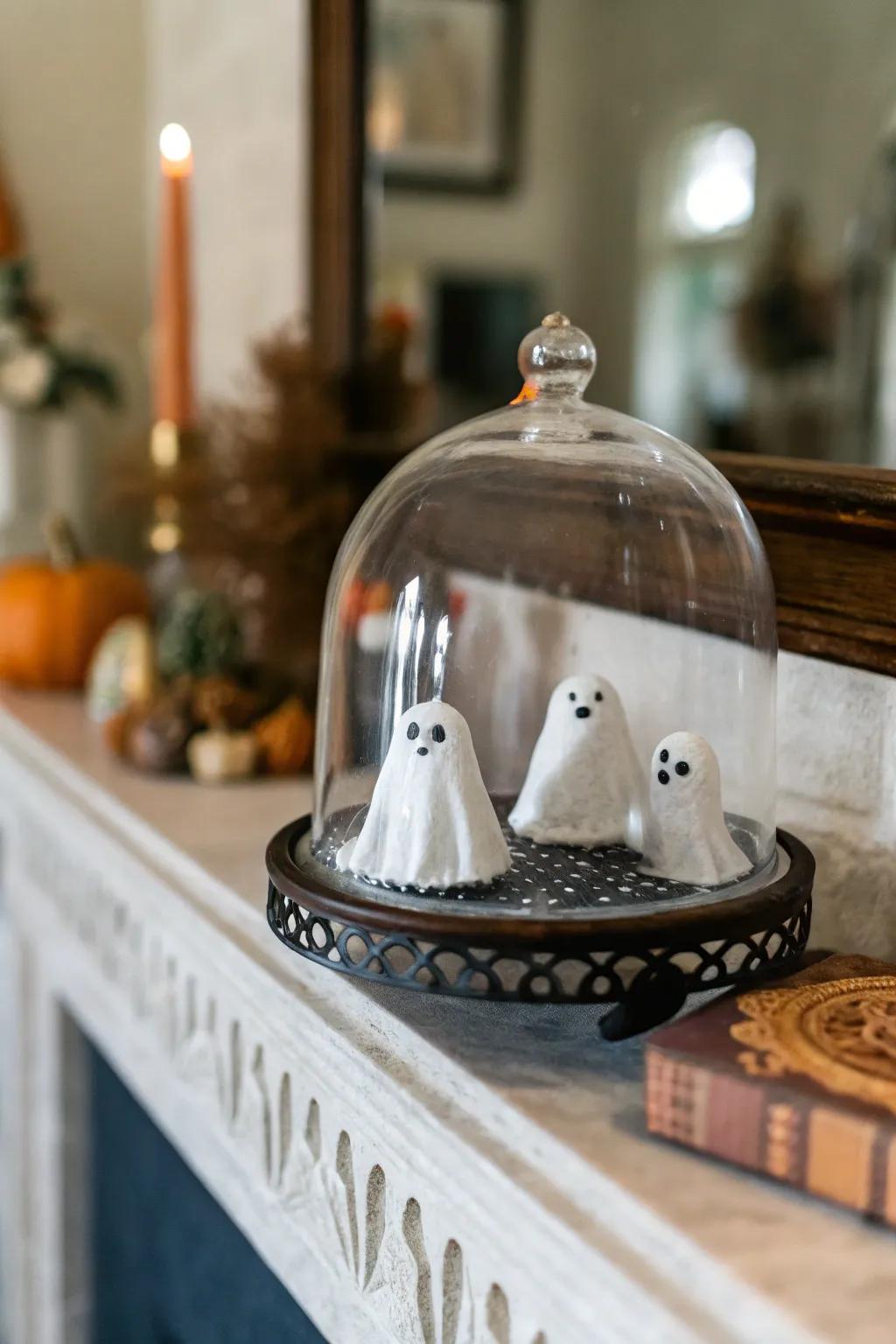 Ghostly figures inside a cloche add a playful spookiness.