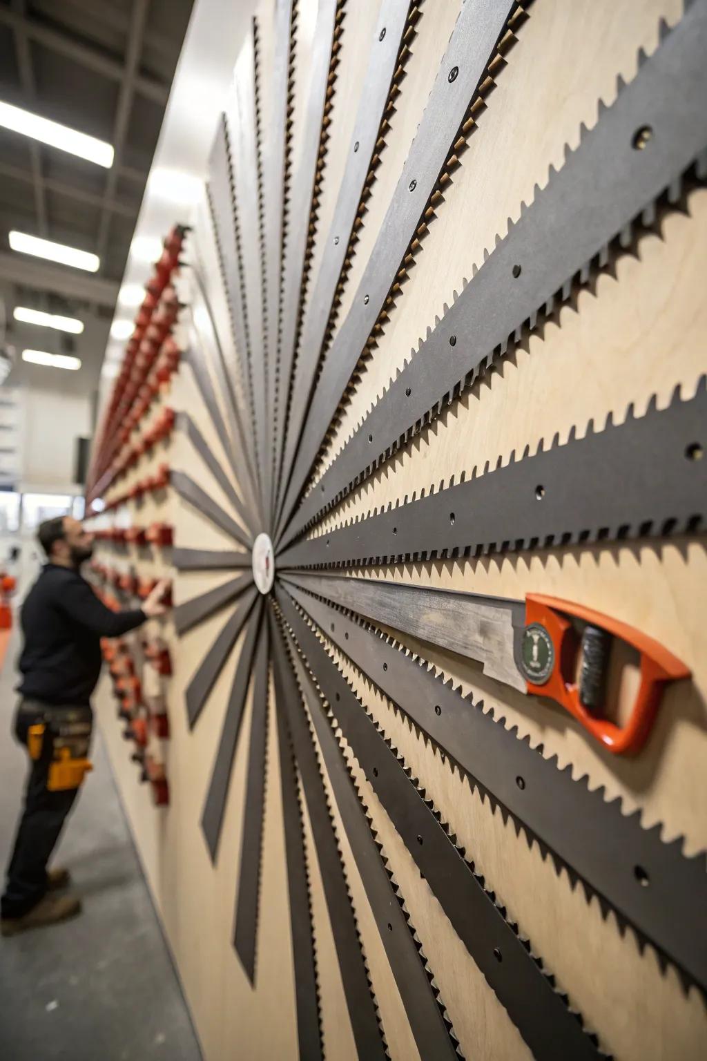 Hand saws arranged in a windmill design as a statement piece.