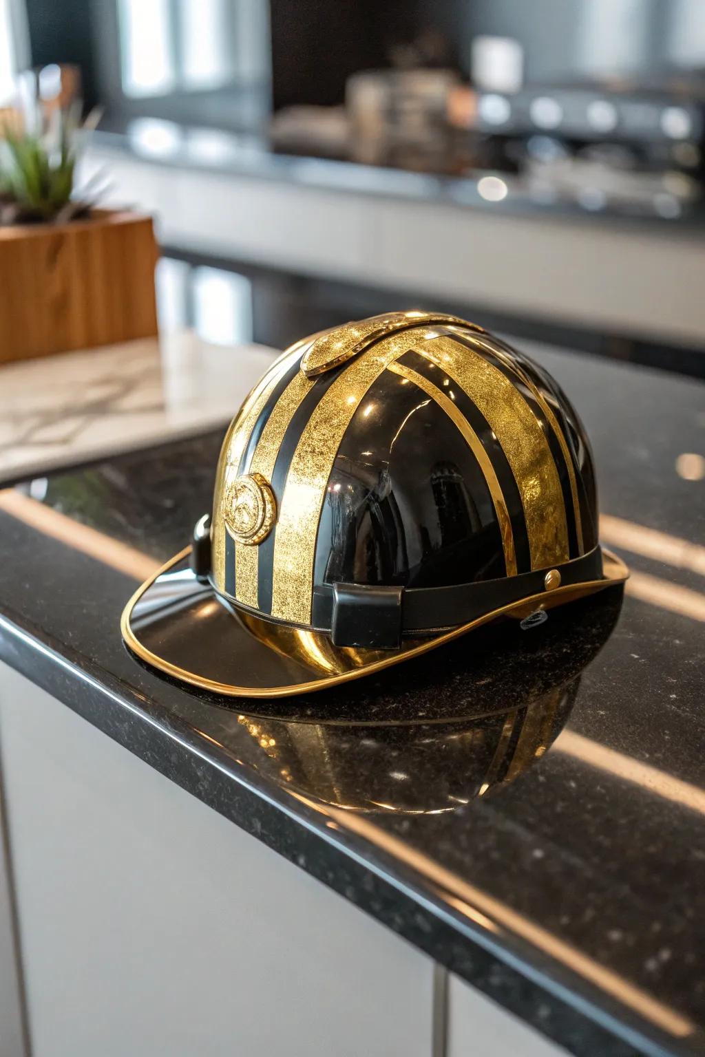 A safety helmet elevated with gleaming metallic highlights.