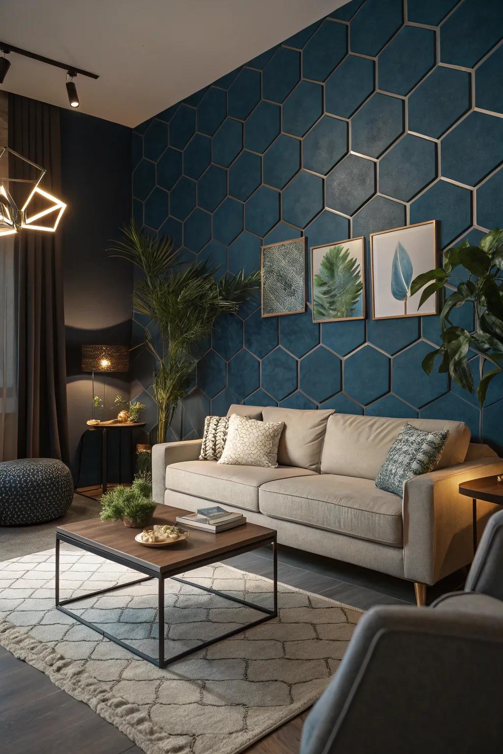 A hexagon accent wall can redefine your living room.