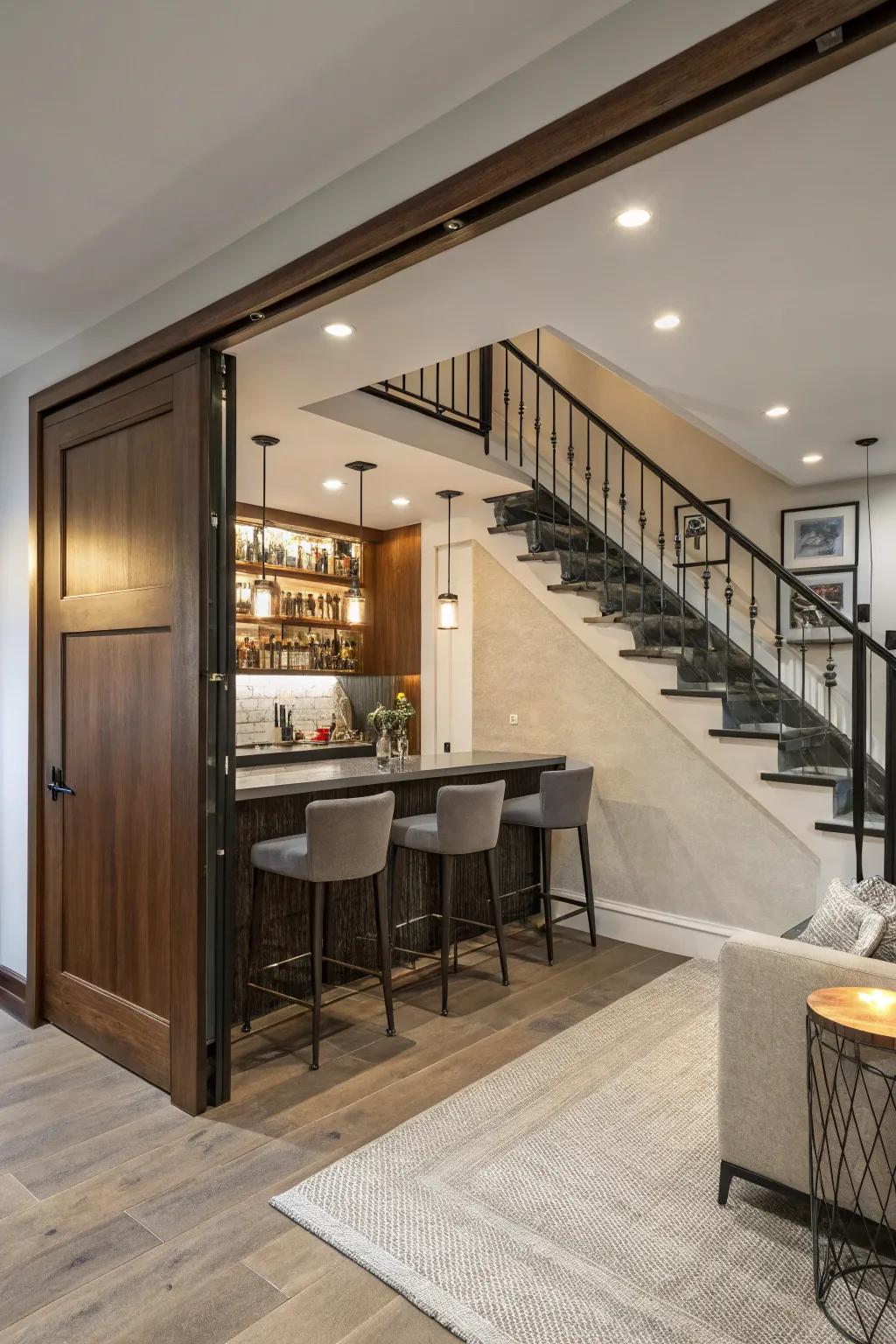 Sliding panels hide the bar, keeping it private.