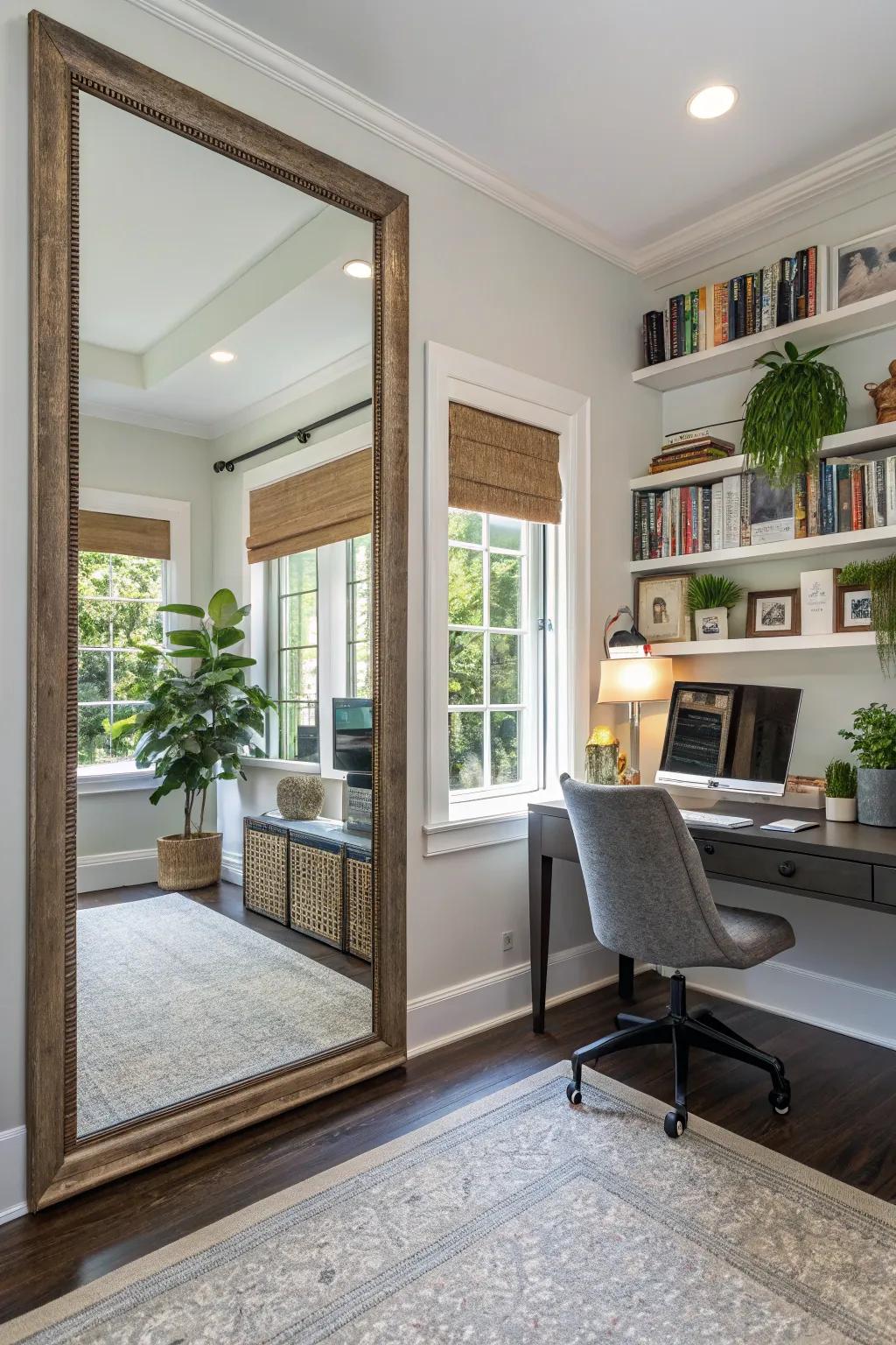 A statement mirror amplifies space and light in this home office.