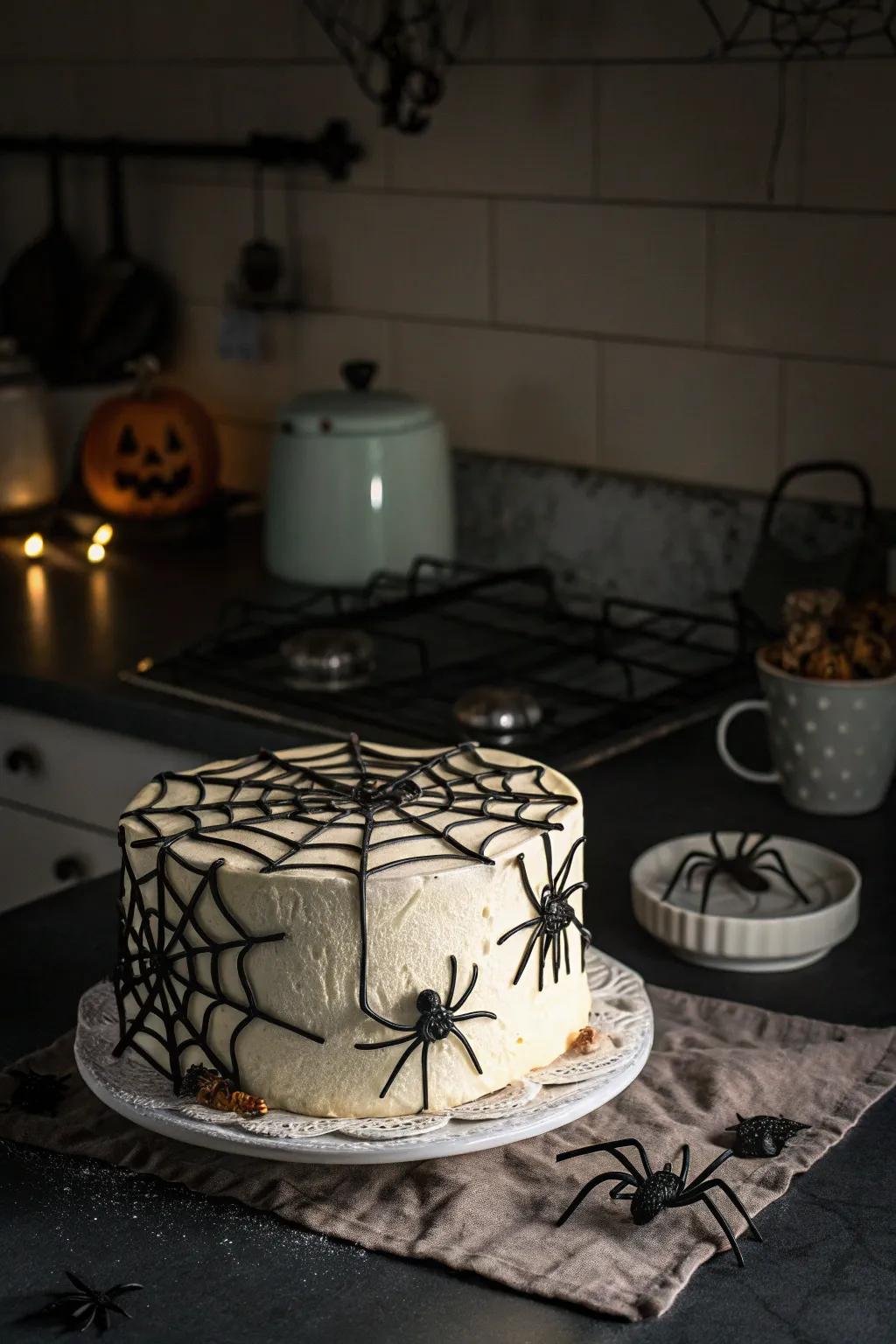 A spider web cake that's a sticky delight.